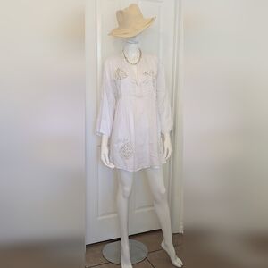 Antica Sartoria White 100% Linen Embellished Cream Tunic Top M